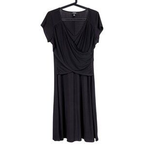 Draped Twirl Dress PL Petite L Black Short Sleeve VNeck Stretch LBD Classic 90s